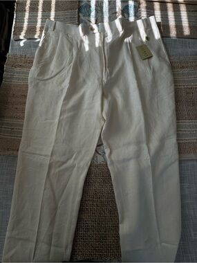 Lauren Ralph Lauren Men's Dress Pants, Linen, Pleated, Cream, Size 46, Unhemmed